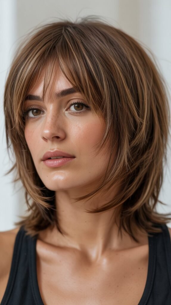 3. Layered Brunette Choppy Bob with Bangs