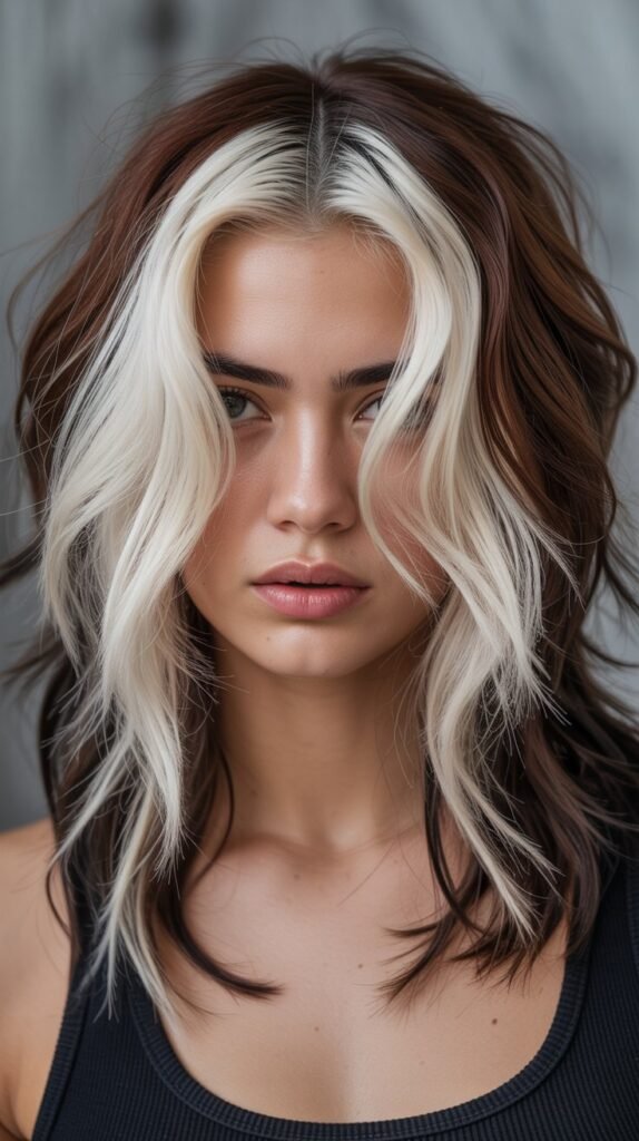 22. Chocolate Balayage with Platinum Streaks Throughout