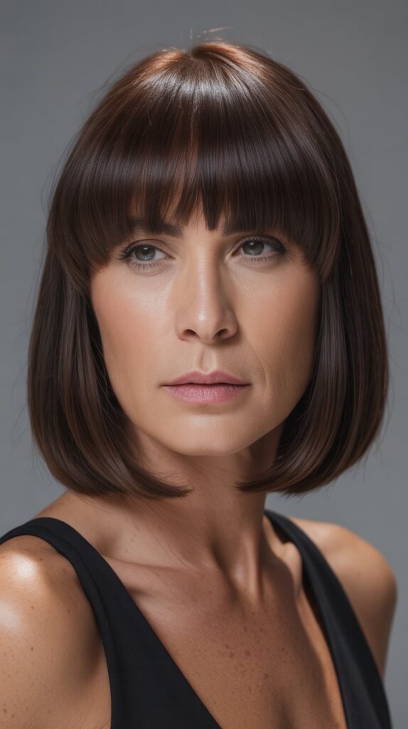 22. Long Bob with Blunt Cut and Thick Straight Bangs