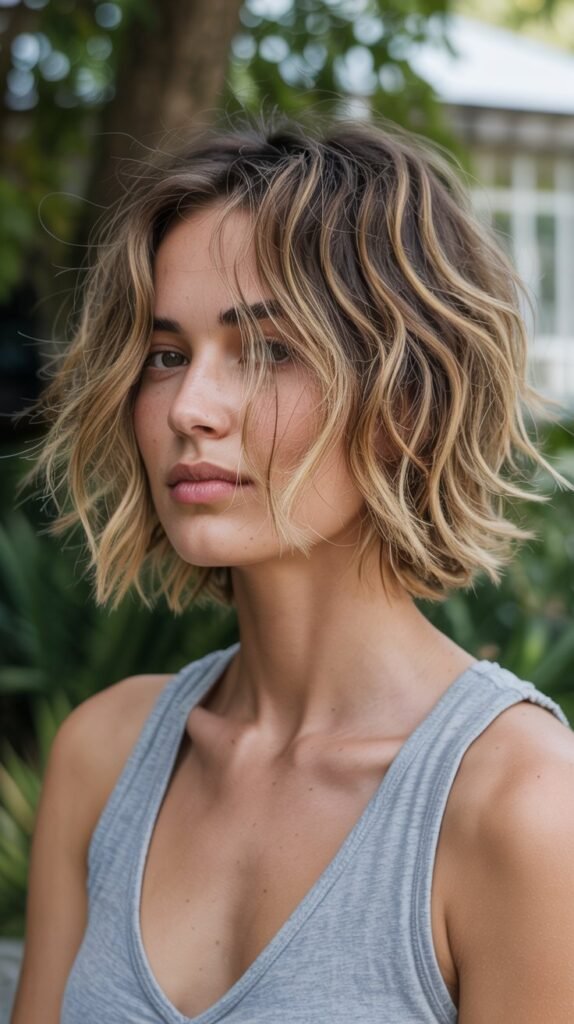 15. Tousled Choppy Lob with Highlights