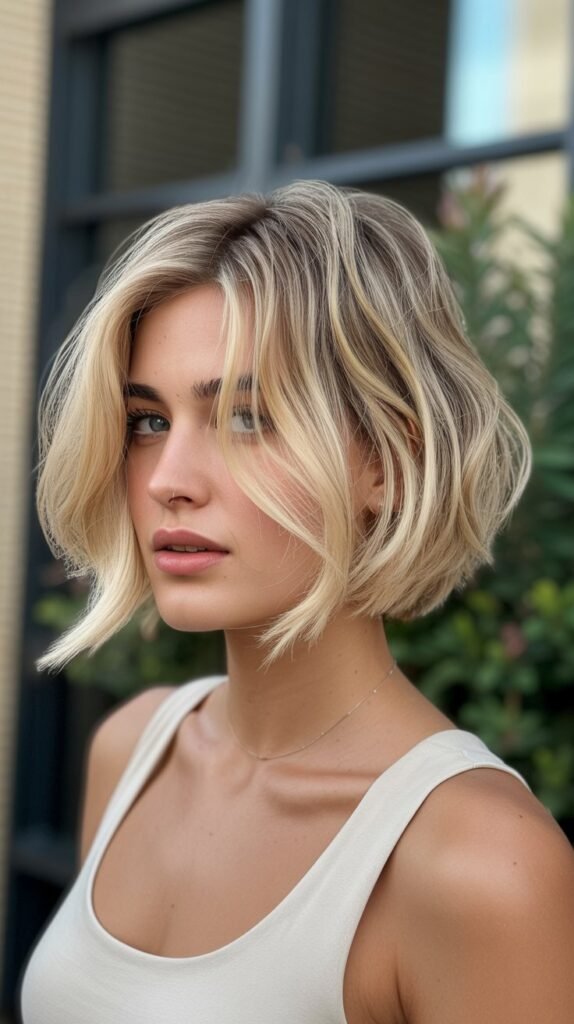 25. Champagne Blonde Choppy Bob Balayage