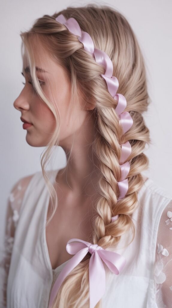 6. Romantic Side Braid with Ribbon