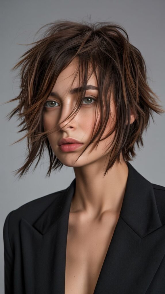 21. Edgy Brunette Choppy Bob with Razored Ends