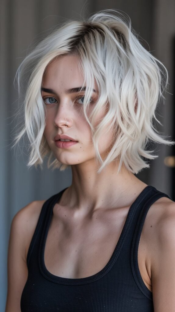 5. Platinum Choppy Bob with Dark Roots