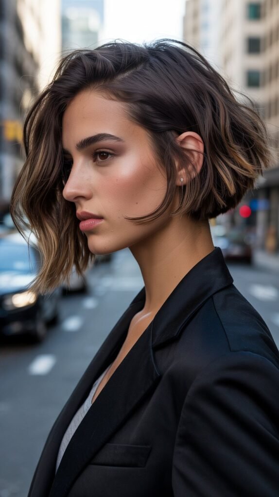 2. Asymmetrical Brunette Choppy Bob