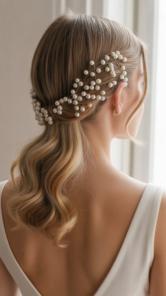 12. Pearl-Adorned Half-Up Style