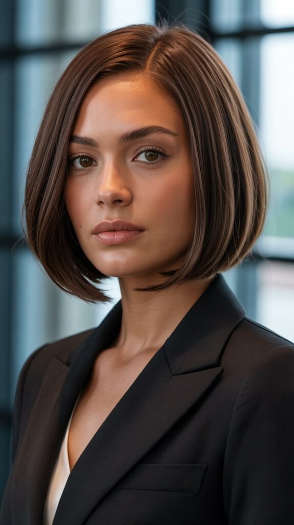11. Sleek Brunette Choppy Bob