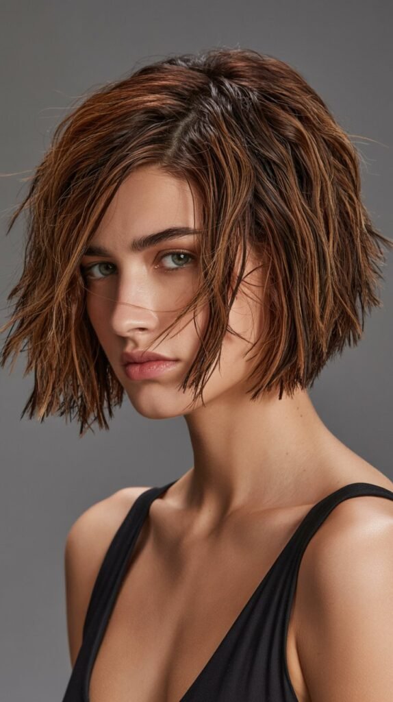 14. Piece-y Brunette Choppy Bob