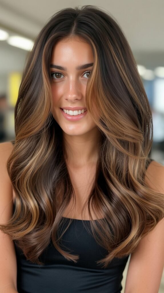 31. Chocolate Balayage with Butterscotch Highlights