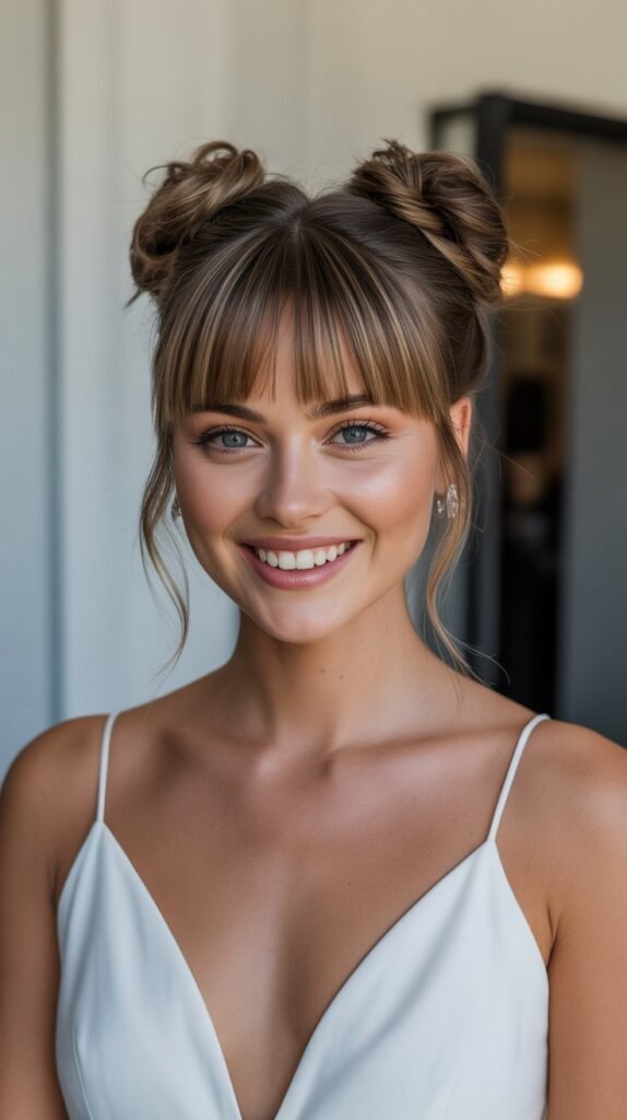 10. Space Buns with Straight-Across Bangs