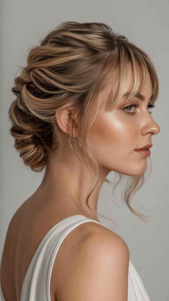 28. Stacked Twist Updo with Graduated Bangs