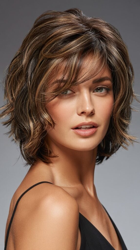 8. Textured Brunette Choppy Bob with Highlights
