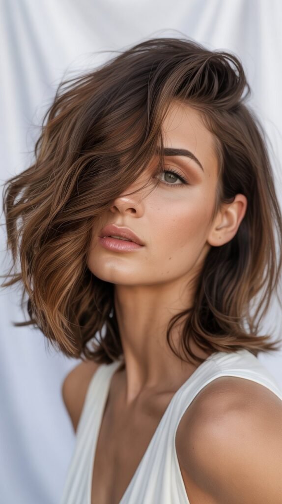 5. Side-Parted Messy Choppy Lob