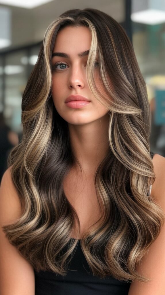 29. Chocolate Balayage with Gold Foil Highlights