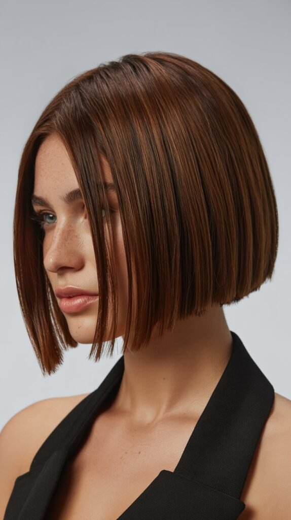 9. Blunt Brunette Choppy Bob with Internal Layering