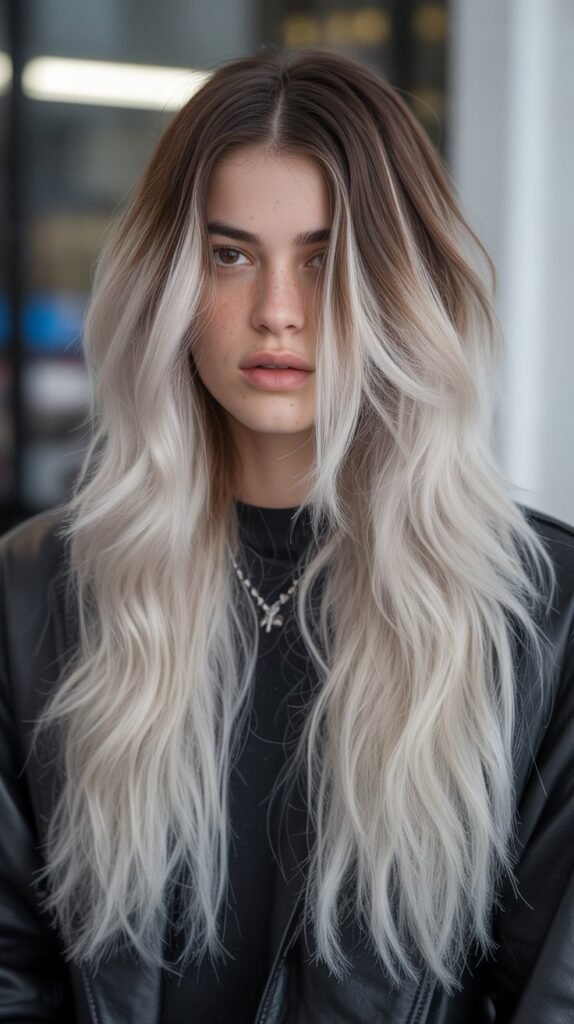 27. Chocolate Balayage with Icy Platinum Tips