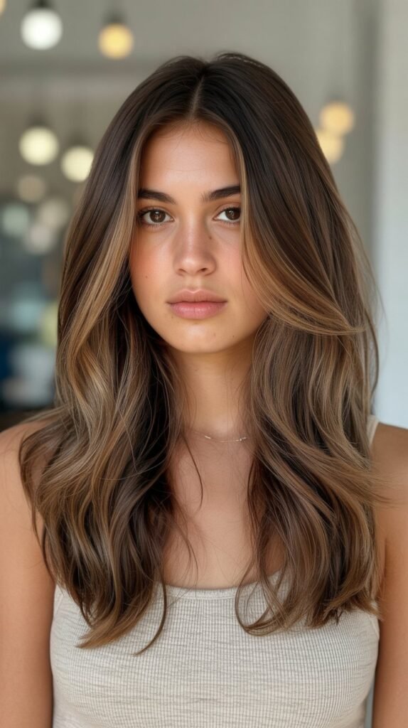 23. Chocolate Balayage with Pecan Tones