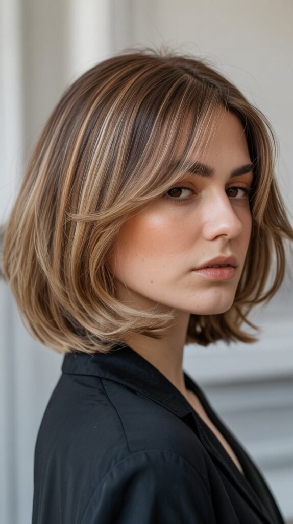 8. Graduated Long Bob with Feathered Curtain Bangs