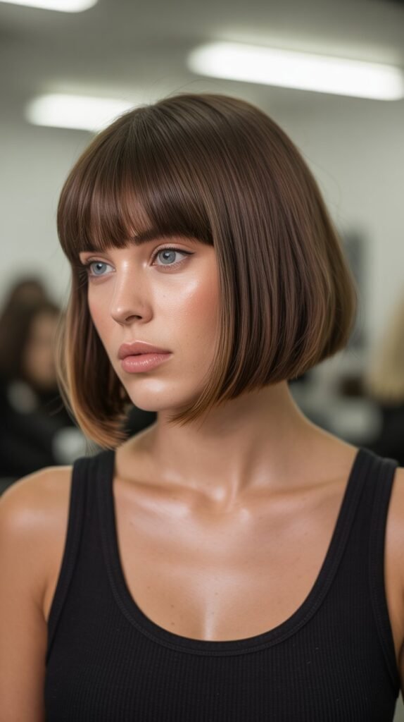 6. Inverted Choppy Bob with Full Bangs