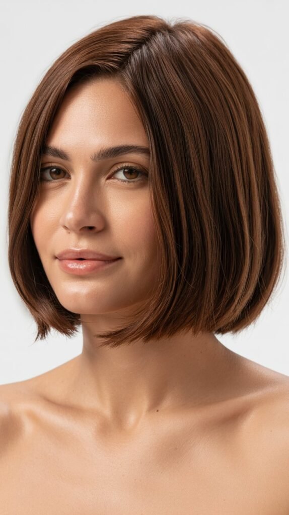 1. Classic Chin-Length Brunette Choppy Bob