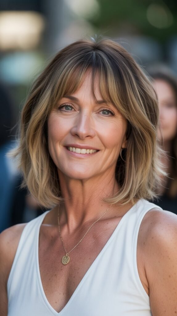 16. Long Bob with Balayage and Highlighted Bangs