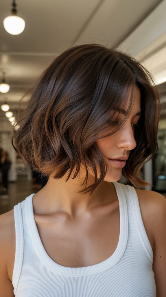 4. Chocolate Brown Choppy Bob with Subtle Balayage
