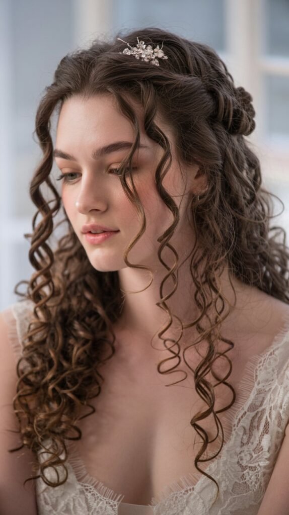 22. Twisted Half-Updo with Curly Cascade