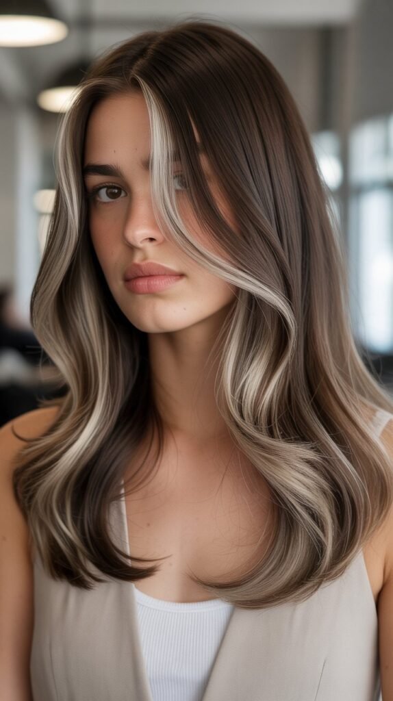 30. Chocolate Balayage with Ash Brown Ribbons