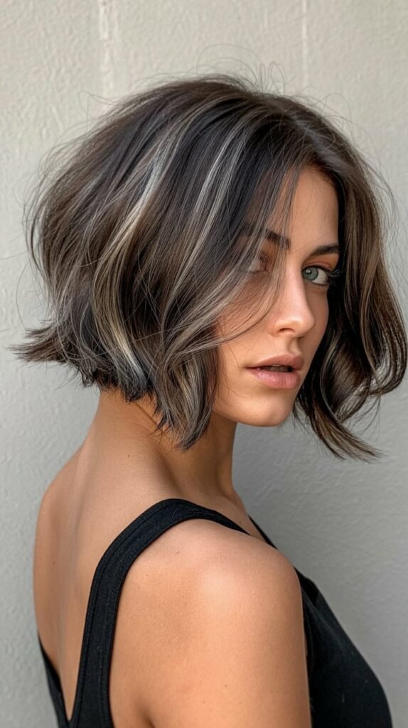 23. Smoky Brunette Choppy Bob Balayage