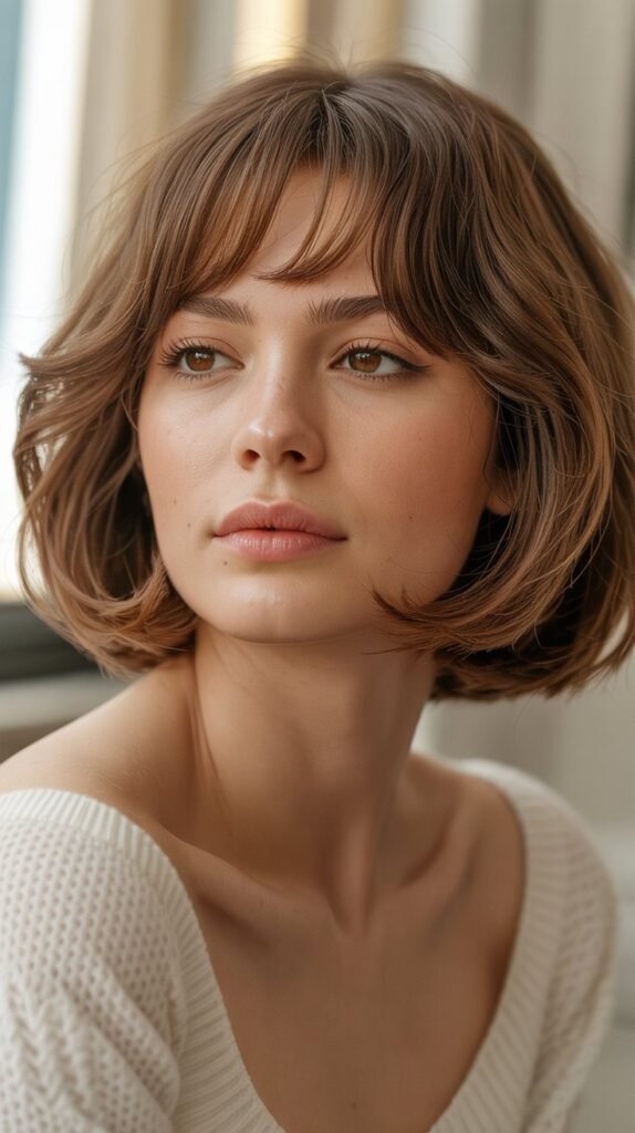 13. Rounded Choppy Bob with Curved Bangs