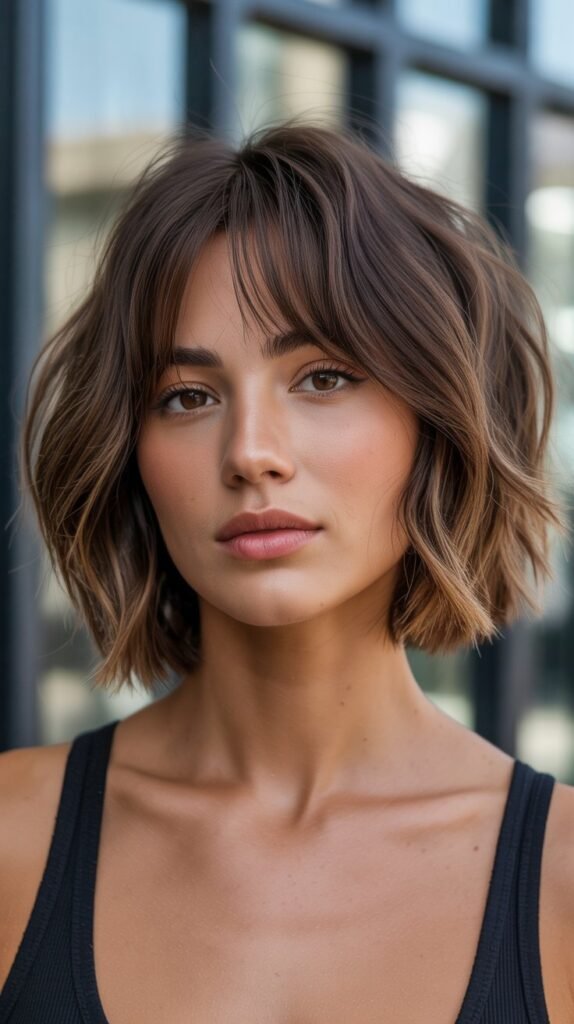 24. Brunette Choppy Bob with Curtain Bangs