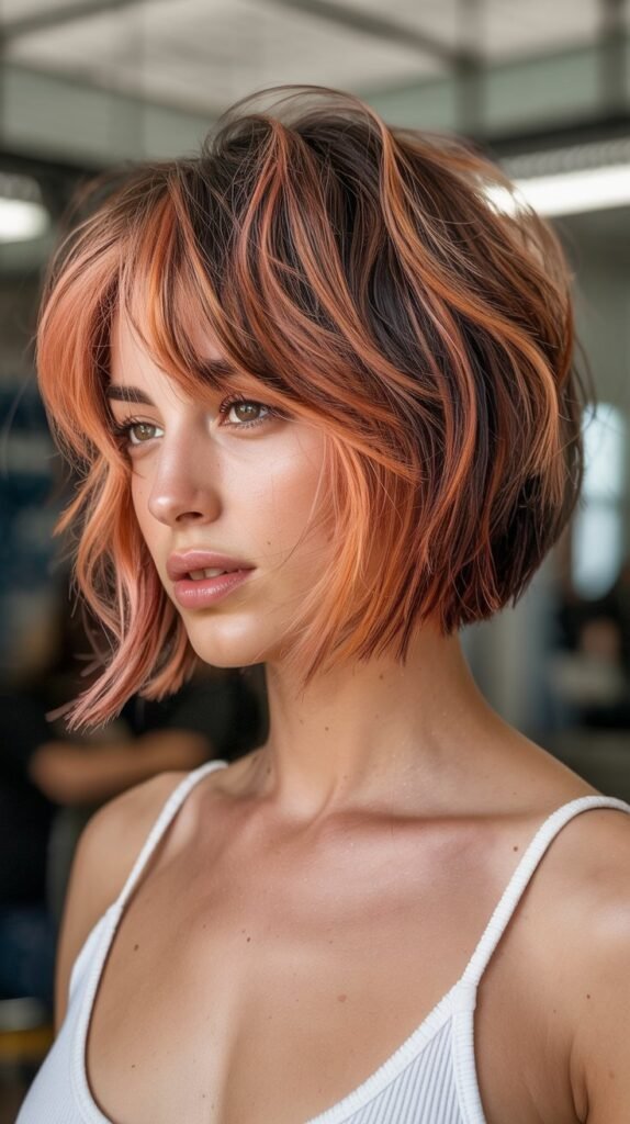 21. Choppy Bob with Textured Fringe and Highlights