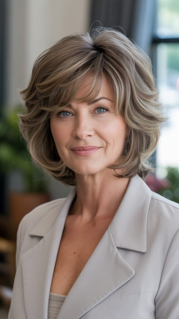 32. Long Bob with Stacked Back and Curved Bangs