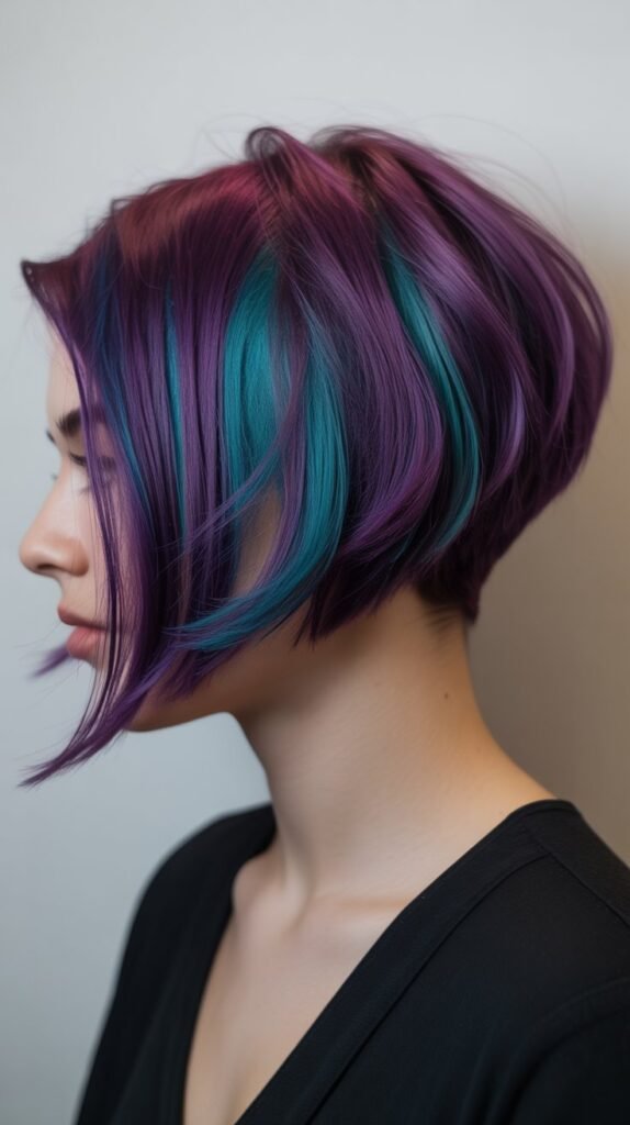 14. Inverted Bob with Colorful Highlights on Stacked Sections