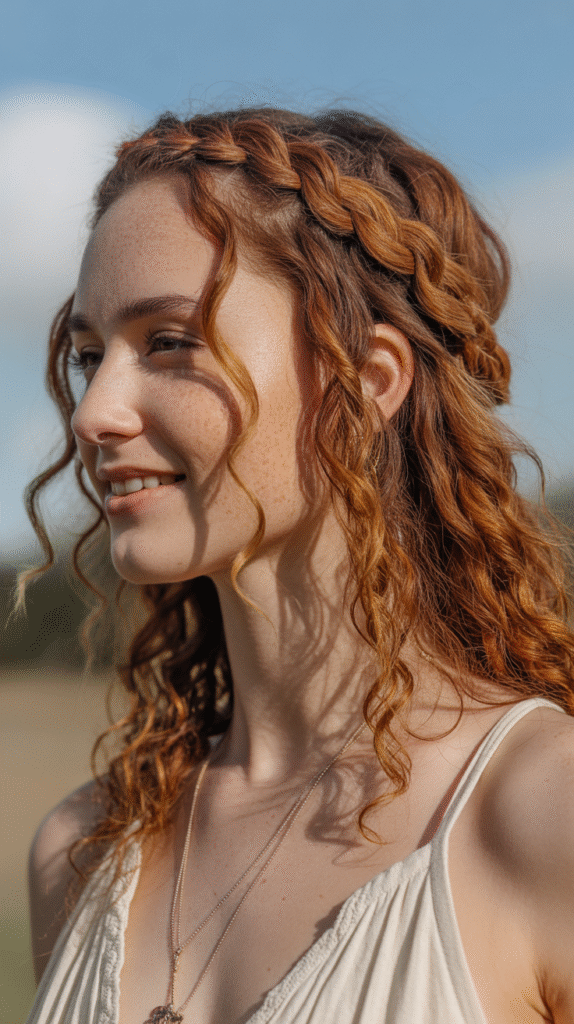 3. Braided Crown with Loose Curls