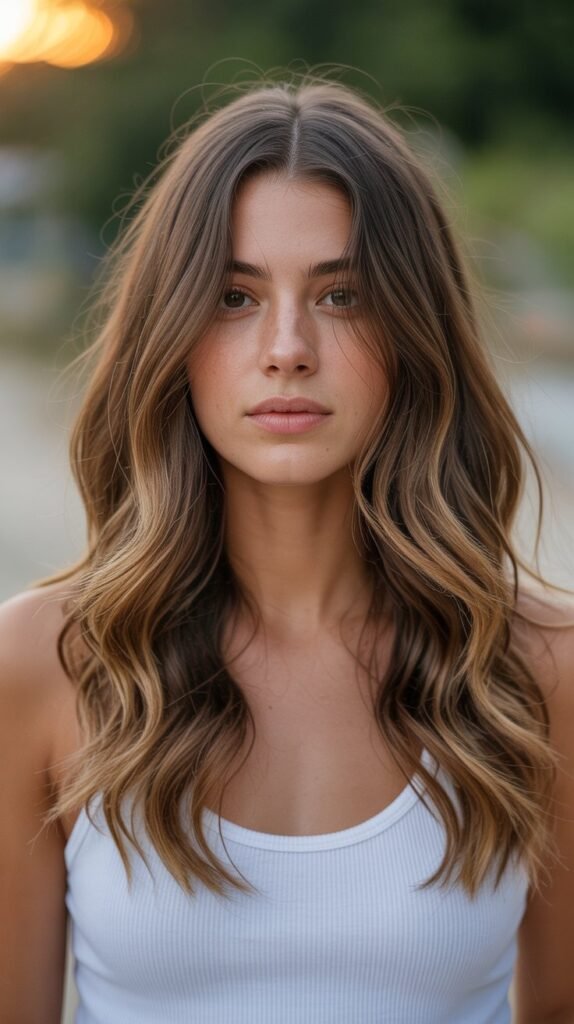 2. Balayage Caramel Ribbons on Long Layers