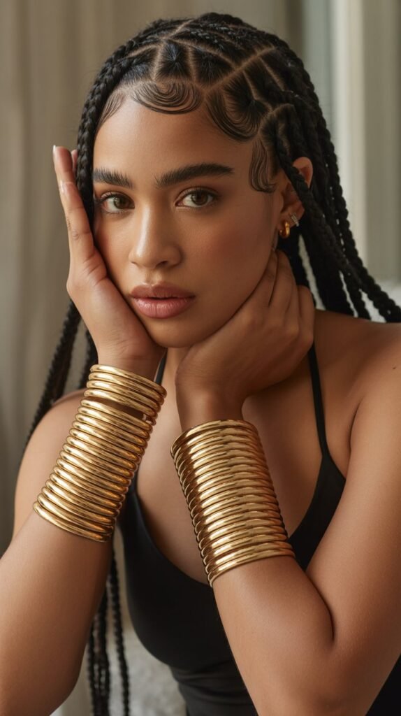 16. Side Part Knotless Braids with Gold Cuffs