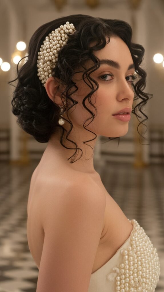 9. Pearl-Embellished Half Updo