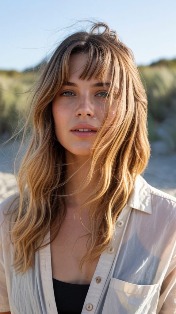 15. Tousled Beach Wave Long Bob with Curtain Bangs