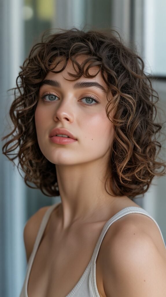 12. Curly Long Bob with Curved Bangs
