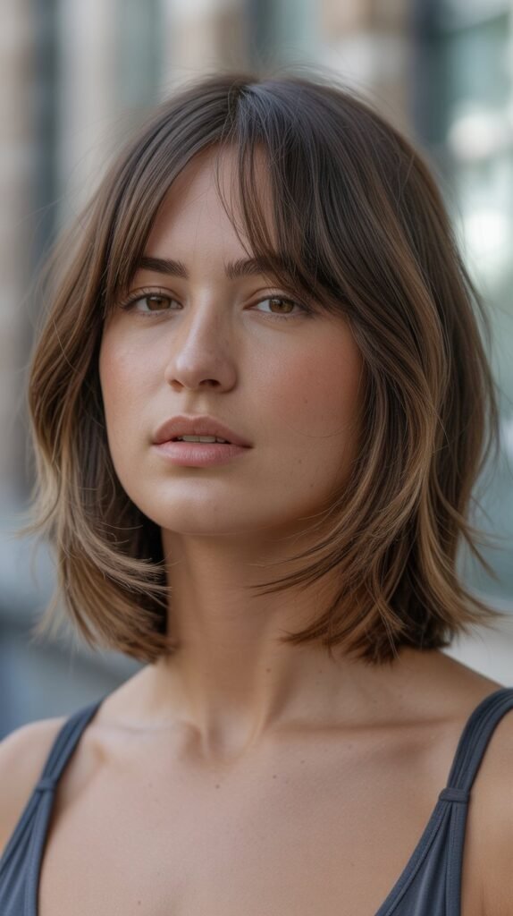 25. Layered Long Bob with Brow-Skimming Bangs