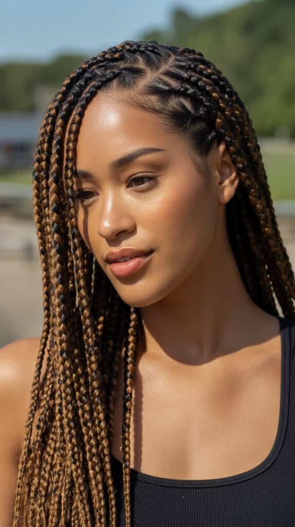 23. Side Part Knotless Braids with Highlights