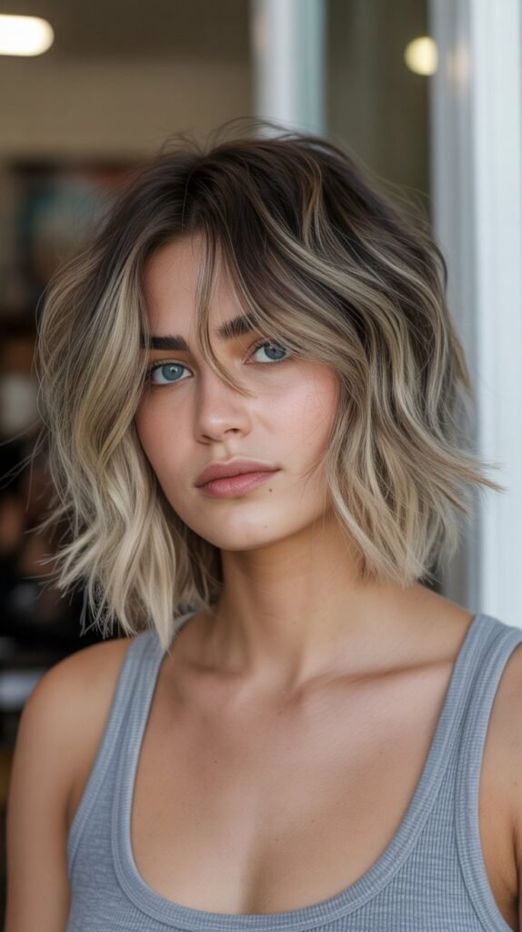 Shaggy Choppy Bob with Dark Roots