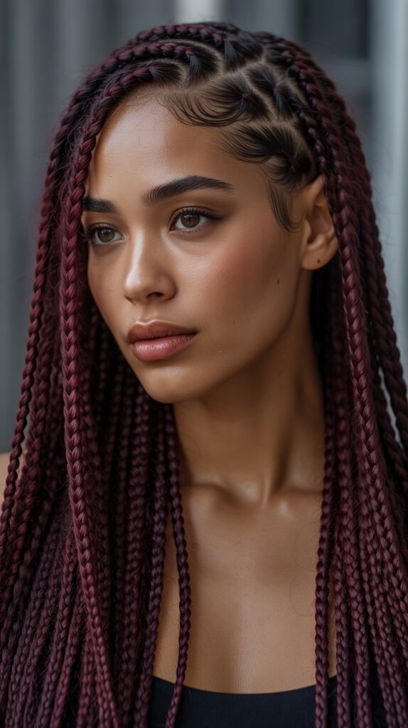 8. Burgundy Side Part Knotless Braids