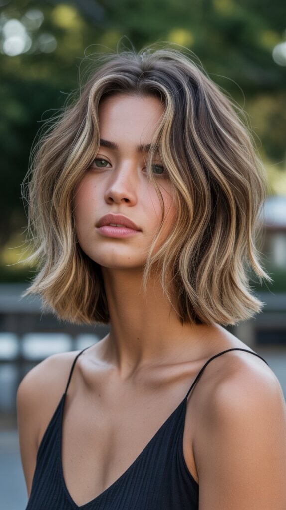 27. Tousled Long Bob with Highlights