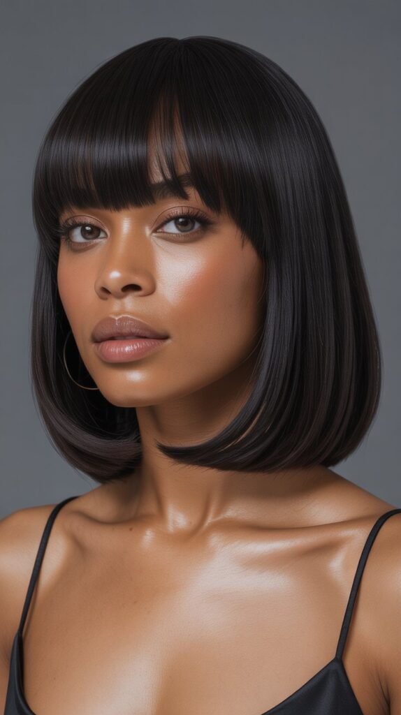 1. Classic Blunt Long Bob with Full Bangs