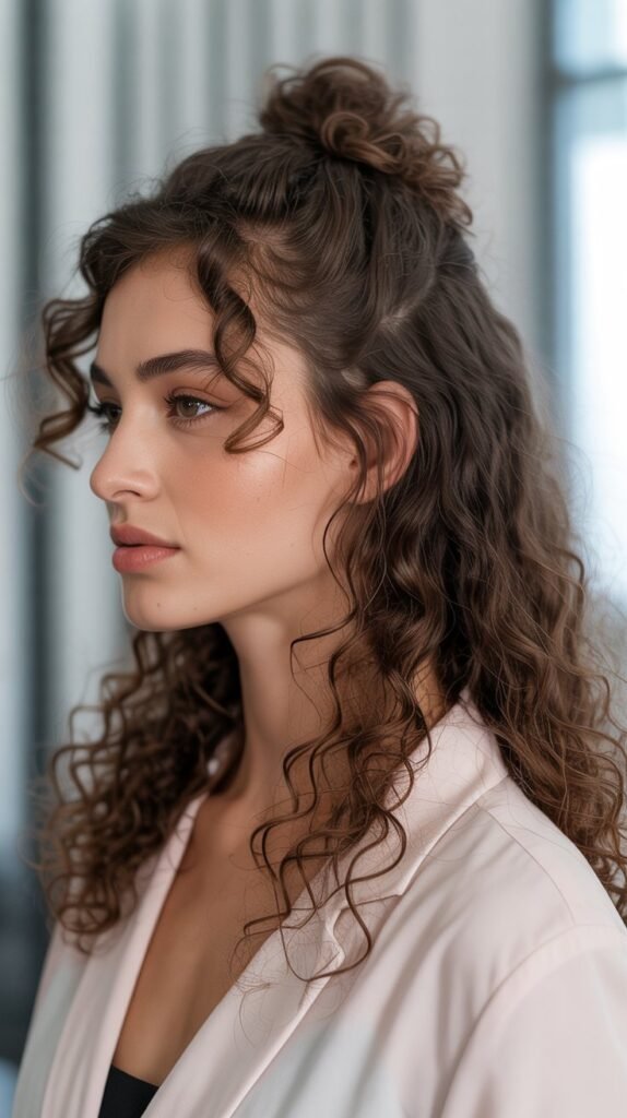 1. Classic Half Up Top Knot with Cascading Curls