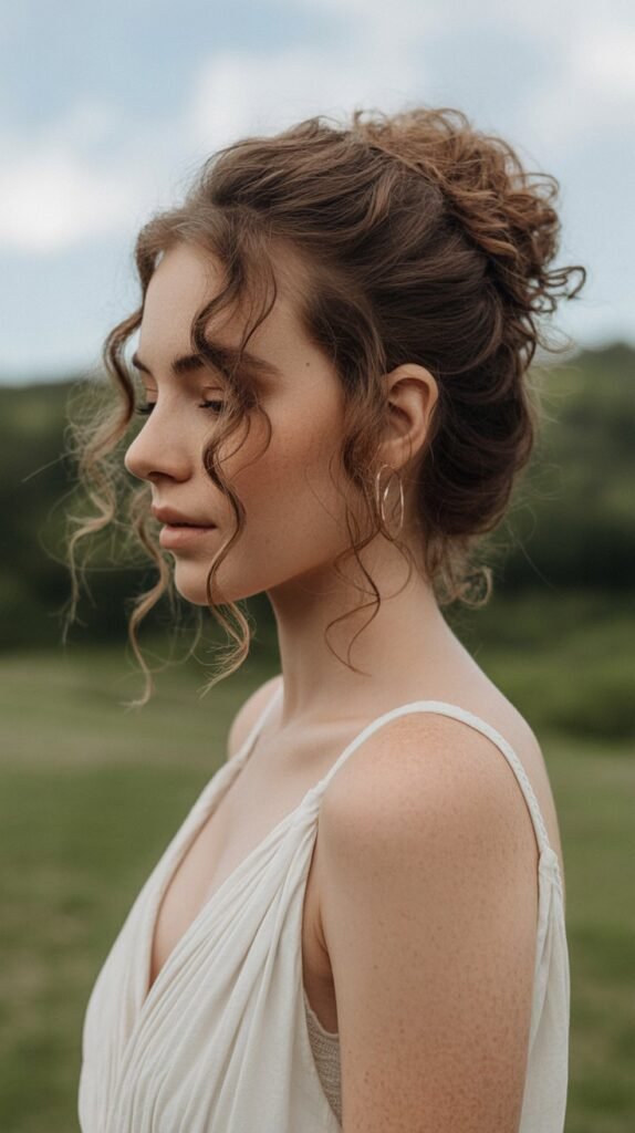 32. Curly Messy Bun with Tendrils