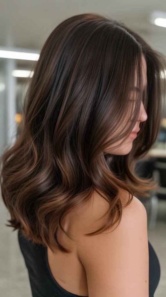 2. Dark Chocolate Balayage with Subtle Bronze Tones