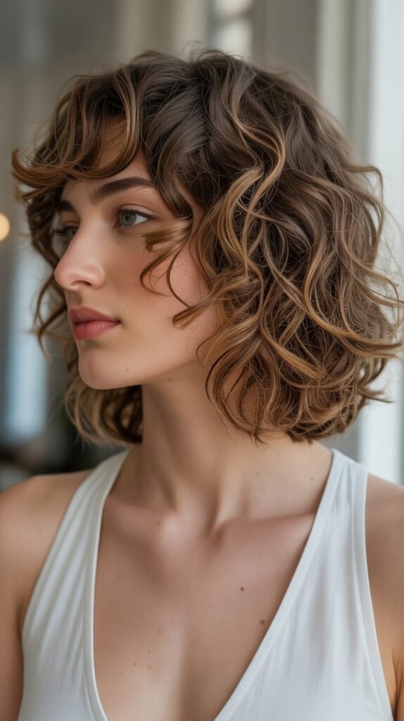  Side-Swept Bangs with Layered Curly Bob